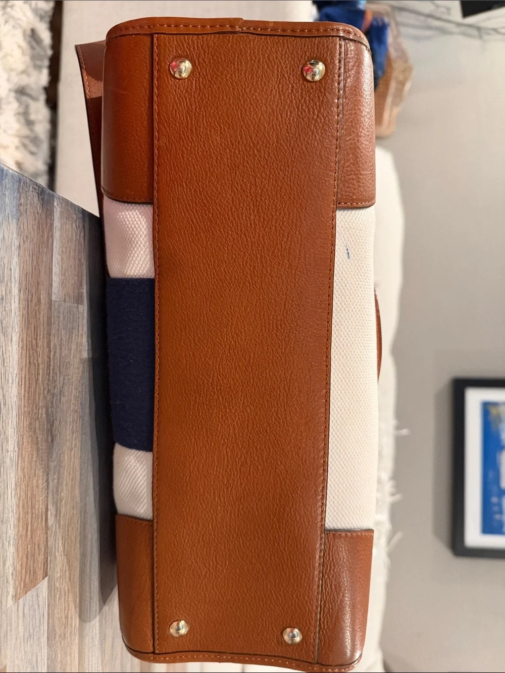 Michael Kors White Canvas Satchel with Navy Center Stripe and Brown Leather Trim